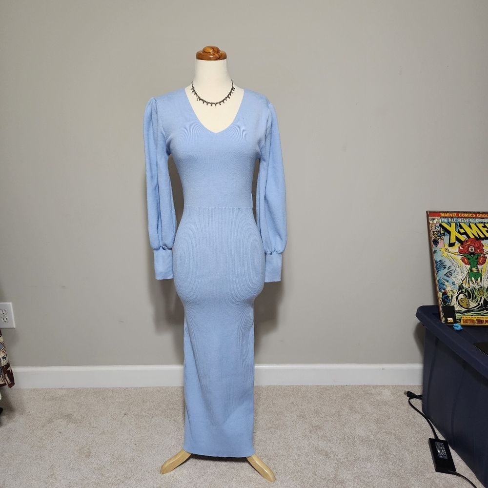 PrettyGarden Blue Ribbed Knit Puff Sleeve Maxi Dress M